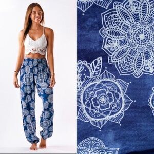Lotus and Luna Womens Harem Pants Boho Relaxed Fit Flowy Yoga Blue Size M